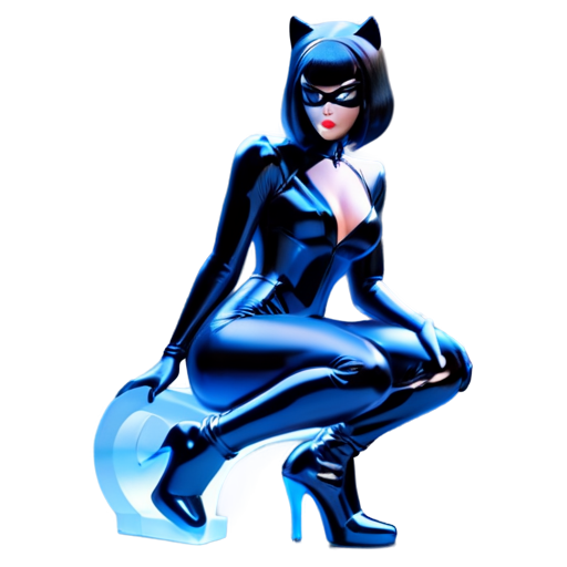 Sexy female figure in a skimpy catwoman costume, crouching on a base with one hand on the ground, wearing a tight leather bodysuit with a plunging neckline, and high-heel ankle boots - icon | sticker