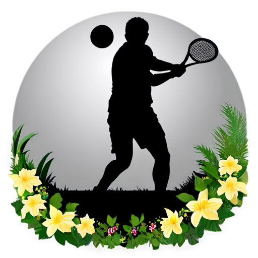 Create a modern icono of a padel silhouette inside an oasis with flowers - icon | sticker