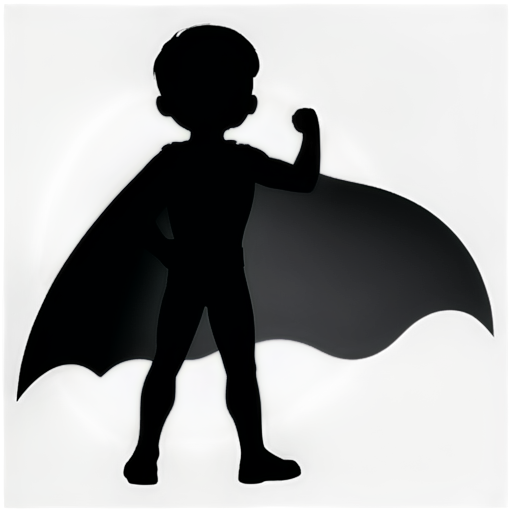 black silhouette of a superhero boy with a cape, with one fist on his waist and the other fist raised - icon | sticker