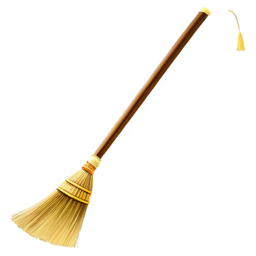 Illustration of a Nimbus 2000 broomstick, sleek and polished with a dark wooden handle and gold lettering. The broom is depicted in a flying position with the twigs at the back slightly fanned out, floating against a neutral or slightly cloudy sky background. The broom has an elegant and aerodynamic design, reflecting the quality of a high-end racing broom. High-definition, fantasy-style art - icon | sticker