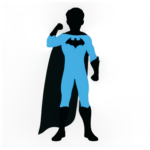 single color silhouette of a frontal superhero boy with a cape, with one fist on his waist and the other fist held high - icon | sticker