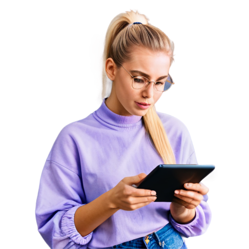 a young graphic designer girl with blonde hair pulled back in a high ponytail, holding a tablet in her hands and talking on the phone, rubs in delicate pastel colors - icon | sticker