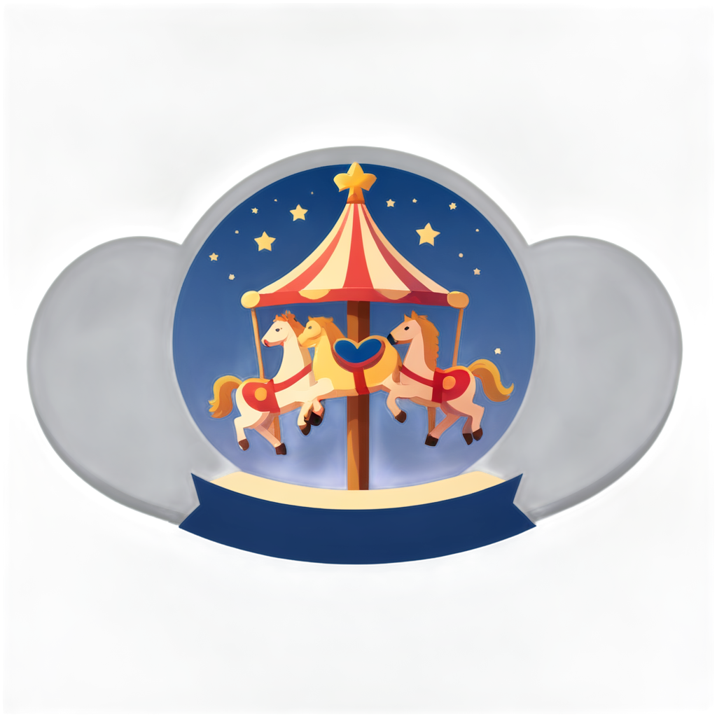 badge design,Cartoon-style badge depicting a small carousel with heart-shaped seats,set against a twilight sky filled with stars., - icon | sticker