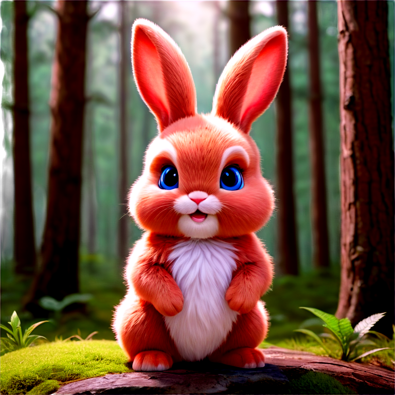 cinematic film still , full body, cute little fluffy chibi crimson red baby bunny, chubby, hairy, sunny forest background, detailed fur, big dreamy blue eyes, volumetric lighting, realistic, vivid colors - icon | sticker