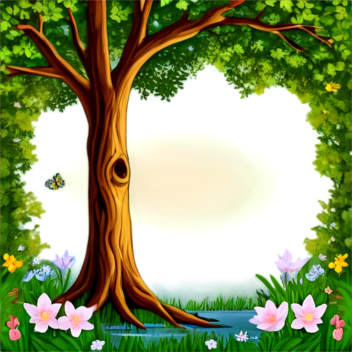 Create an image that reflects the concept of "Soul of Nature". Incorporate wildlife elements such as dense forest, crystal clear water, flowering plants and singing birds. The center of the composition can be a tree, symbolizing life and the power of nature, surrounded by soft light, as if radiating warmth and calm. Use warm, natural colors such as green, blue, brown and gold. The image should convey a feeling of harmony, peace and connection with nature, as if this is a place where the soul finds peace. - icon | sticker
