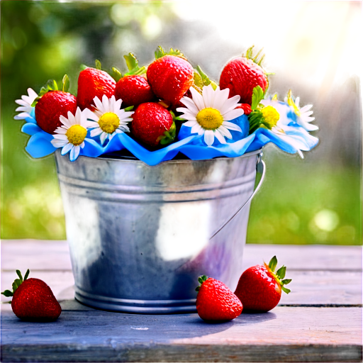 Strawberries,Bucket,Fresh,Daisies,Rustic,Food Photography,Vibrant,Fruit,Nature,Summer,Blue shade, blue tone,sunray splash water, - icon | sticker