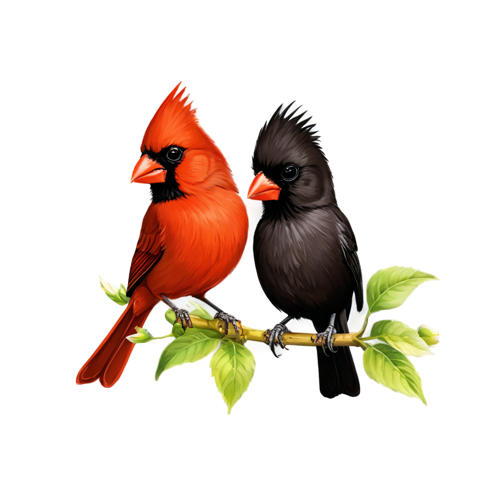 ultra-detailed, lithographic prints of Northern Cardinal The male has bright red feathers, a crest on its head, and a black mask, while the female has a reddish-brown plumage. and standard flower bloom,charles joseph hullmandel, - icon | sticker