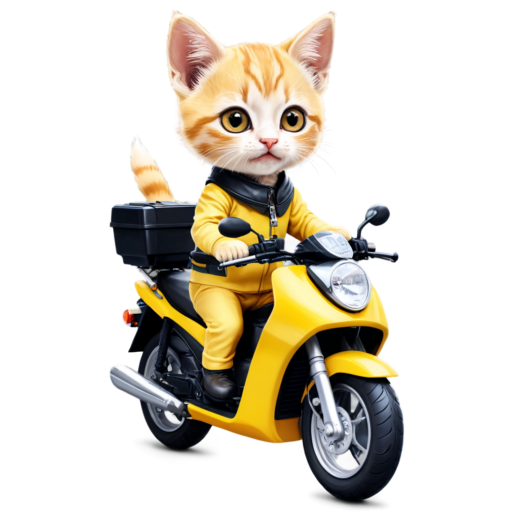 a super mini kitten, this cat is a takeaway worker, has beautiful eyes, wearing a yellow takeaway costume, riding a motorcycle, road background, anthropomorphic, photo real, - icon | sticker