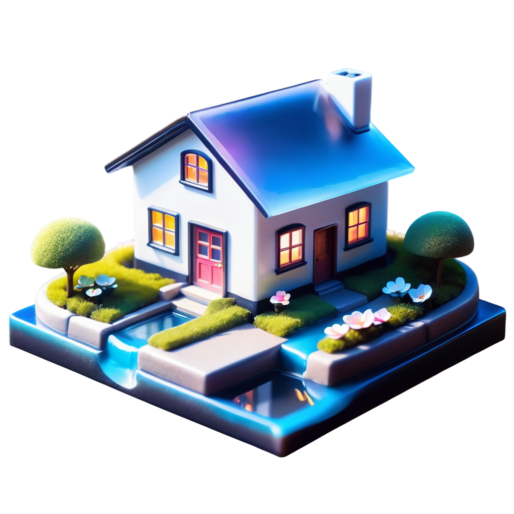 Miniature photography, (surrealist dream style) masterpieces, best quality, top down shot of a miniature cottage with garden, delicate details, vivid scene, lovely style, cute, sweet, soft atmosphere, A small river stretches into the distance movie-level light - icon | sticker
