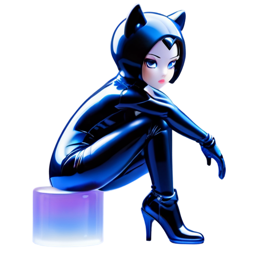 Sexy female figure in a skimpy catwoman costume, crouching on a base with one hand on the ground, wearing a tight leather bodysuit with a plunging neckline, and high-heel ankle boots - icon | sticker