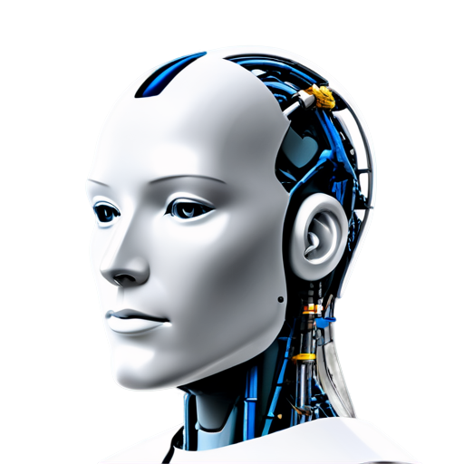 Schematic representation of the robot's head, Use neutral colors such as white, gray and blue for a professional and technical look, Include graphic elements such as lines or networks to symbolize data and technology. - icon | sticker