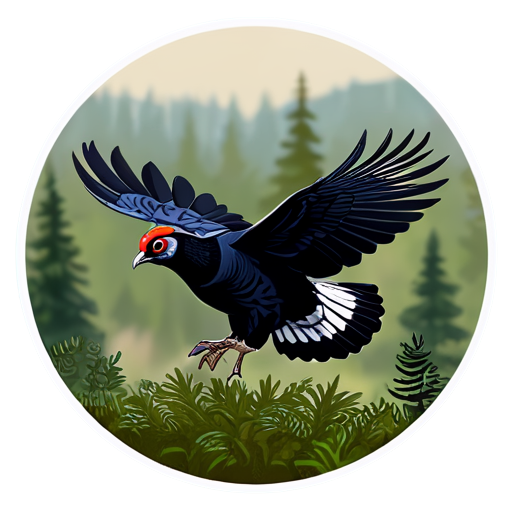 black grouse in flight, forest background, round logo - icon | sticker