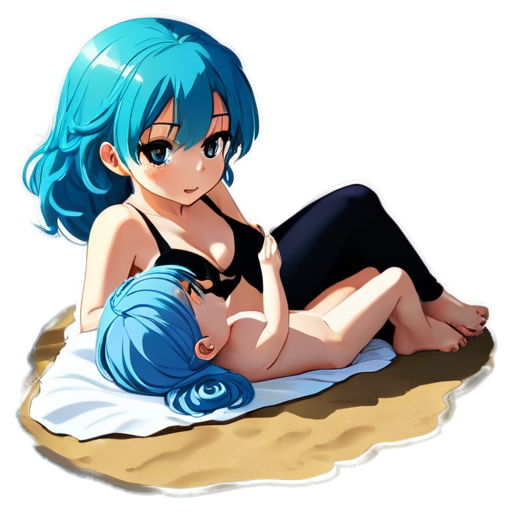 in anime style, day, girl, beautiful, blue-haired, slender, pretty, young, without shoes, on the bedroom, lying on the bad sand with her back up, heat, white blanket, feeding her baby with her salt, 2d anime character, white European appearance, young - icon | sticker