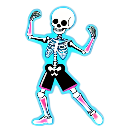 The photo shows a dancing man. All the clothes flew off his torso, then the skin flew off, and finally all the muscles and organs flew off in different directions, there were still clothes on his legs, this is a man dancing, this is a dancing skeleton - icon | sticker