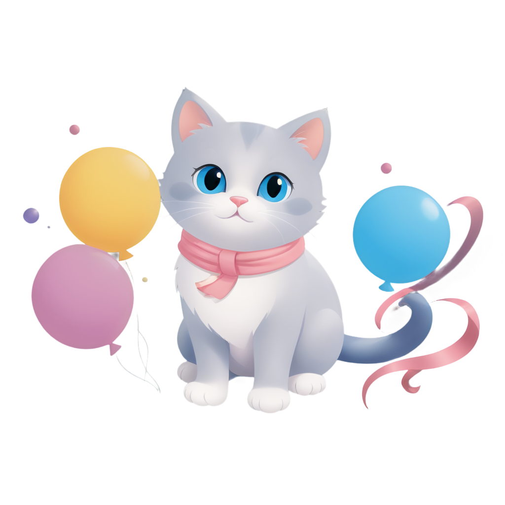 Dream style,solo,scarf, Dream style, no humans, cat, animal focus, blue eyes, balloon, ribbon, looking at viewer, A whimsical cat with large, expressive eyes is surrounded by colorful bubbles and ribbons in a dreamy, pastel-hued setting - icon | sticker
