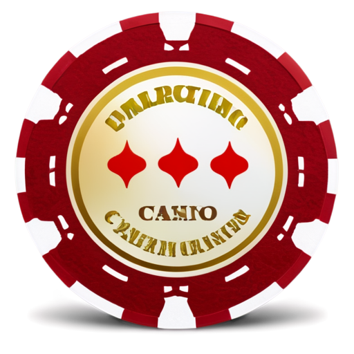 Create a 3D image of a casino chip. The chip should be round with embossed patterns around the edge and clear visible denomination and casino logo at the center. The main color of the chip should be dark red, with the embossed elements and text in gold. The casino logo should be elegant, featuring images of cards and dice. Add lighting effects to make the chip look shiny and realistic, with reflections and shadows that create a sense of depth - icon | sticker