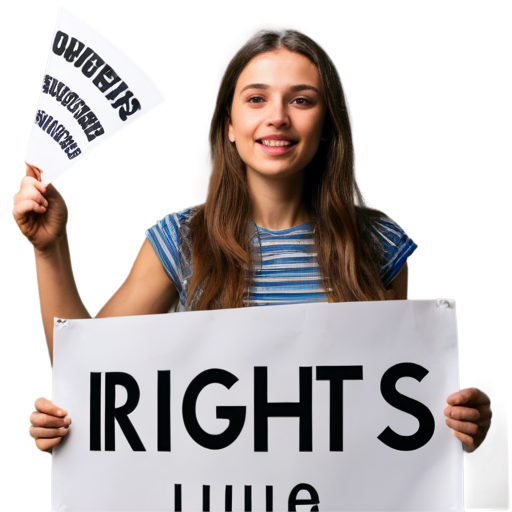 A full white picture where a woman raising a banner where "RIGHTS" is written - icon | sticker