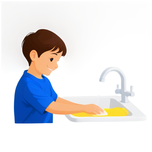 An European boy washes a plate at the sink with smile into the kitchen - icon | sticker