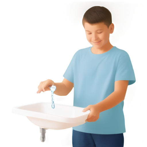 An European boy washes a plate at the sink with smile - icon | sticker