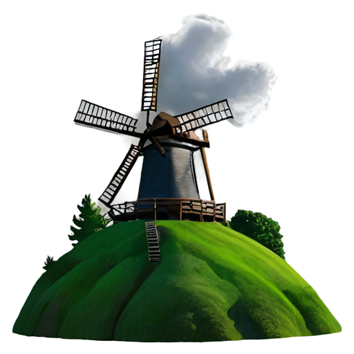 a mill under a storm on a green hill. draw lightings and birds in the sky - icon | sticker