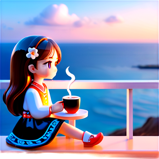 Art furry girl in Ukrainian style with beautiful hair sitting on the balcony and looking at the sea and holding a cup of coffee. The background should be the sea. Modern style with an emphasis on the details of clothing, hair and environment. - icon | sticker