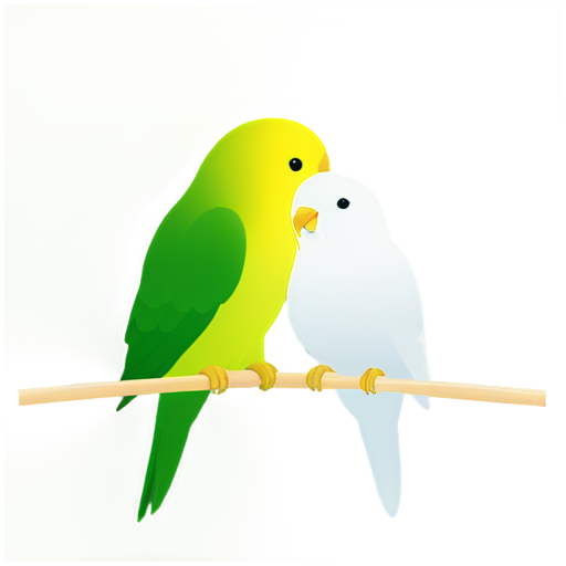 Two budgie: green male budgie and complitely white female budgie in golden cage - icon | sticker