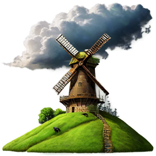 a mill under a storm on a green hill and ightings and birds in the sky - icon | sticker