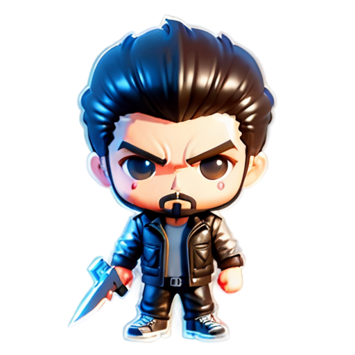 Epic full-body illustration of Billy Butcher, standing menacingly with a weapon in hand, short dark hair, beard, leather jacket, gritty urban background, intense and determined expression, dynamic lighting, high-definition, realistic style. - icon | sticker