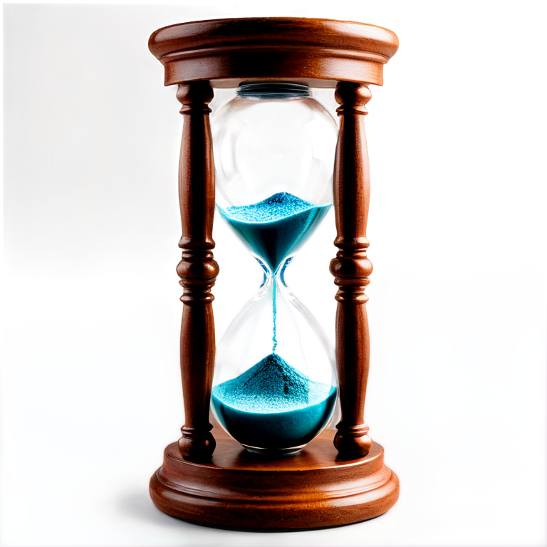 macro shot, extreme close-up of an hourglass, the four elements flow, the top half of the hourglass is contained wavy water inside it, the bottom half with a vibrant landscape with trees and earth inside it, The pillars of the hourglass are made of polished wood - icon | sticker