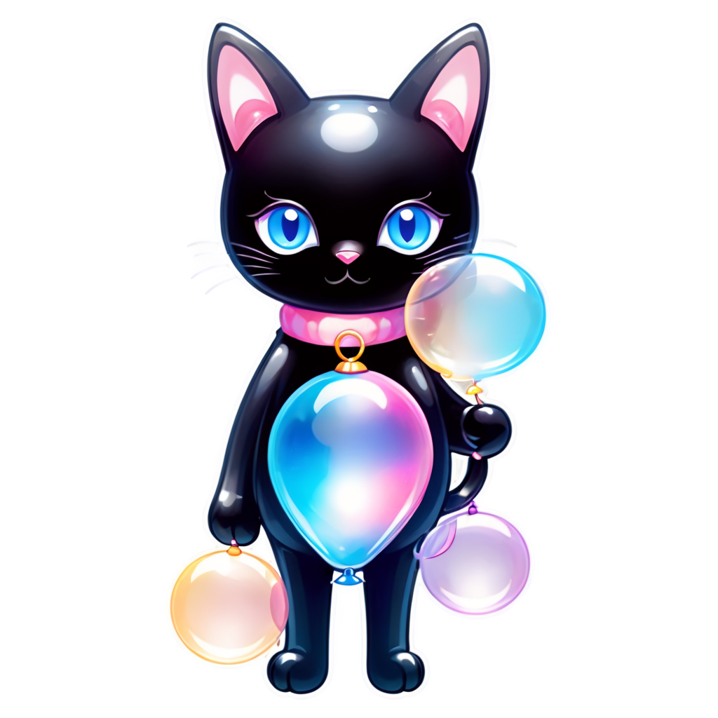Dream style,solo,scarf, Dream style, no humans, cat, animal focus, blue eyes, balloon, ribbon, looking at viewer, A whimsical cat with large, expressive eyes is surrounded by colorful bubbles and ribbons in a dreamy, pastel-hued setting - icon | sticker