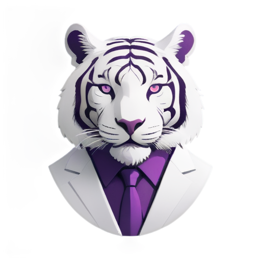 A white tiger face in a white and purple suit, synthwave aesthetic, flat - icon | sticker