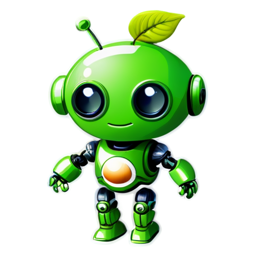green cute robot with two leaves on its head, big round head, two leaves instead of the hand - icon | sticker