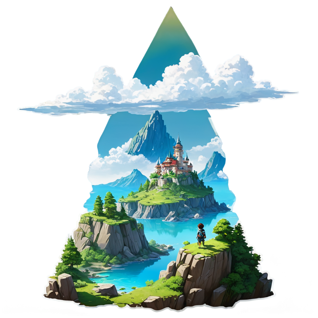 a lone traveler stands atop a rocky outcrop, gazing upon a breathtaking vista of floating islands, a glowing crystalline castle, and serene blue waters. The skies above are painted with fluffy white clouds, and the landscape below is dotted with green meadows, trees, and a few distant structures. - icon | sticker