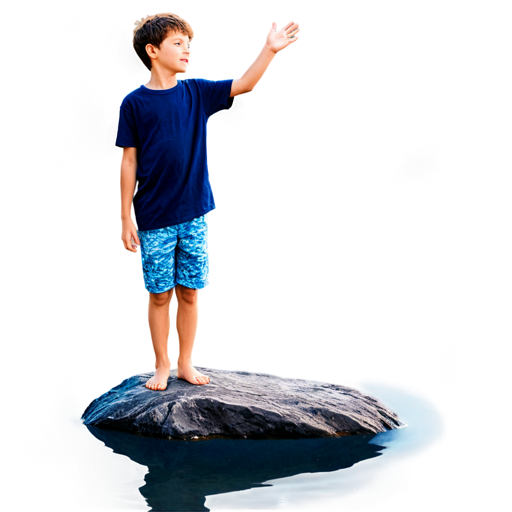 There is a rock in the middle of the sea,a boy stands on the rock in the middle of the sea and reaches out to pick the stars in the sky. ocean reflection,dawn blue,blue waves,happiness,dream fairy tale,fantasy,bright background,reflection,colourful,starry sky, - icon | sticker