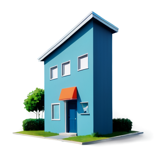 A modern, minimalistic 2D illustration representing an apartment rental service. The image features a stylized apartment building with rounded edges, emphasizing windows and a door. In front of the building is a small 'For Rent' sign, using a bolder color like orange or red. The building is in soft pastel colors, such as light blue or green, with white accents. The background is a flat color, like soft beige or light gray, creating a calm and friendly visual experience. The design has a smooth, matte finish with subtle shadows for depth. Symbols associated with long-term housing (house, key, handshake) Elements that emphasize communication (chat bubble, arrows) Neutral and calming colors (eg blue, grey, green) - icon | sticker