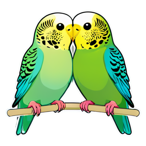 Two budgie: green male budgie and white female budgie kissing in golden cage - icon | sticker