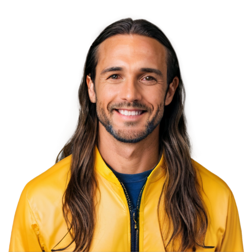 Prompt: “headshot of cool surfer dad, long hair, 38-year-old, yellow jacket, smiling, white background” - icon | sticker