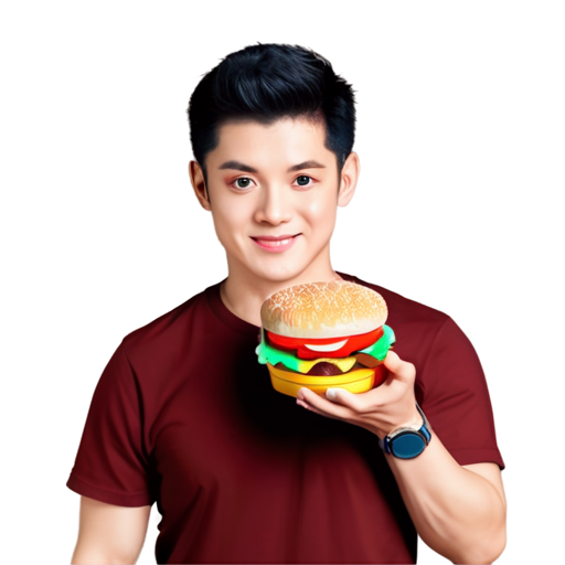 sticker, minimalistic cute chibi, portrait, satisfied face, looking at the burger in his hands, adult two-meter man Oni, muscular body, red skin, long black hair and two red horns, yellow eyes, adult brutal manly face, black t-shirt, calm look, fine details - icon | sticker
