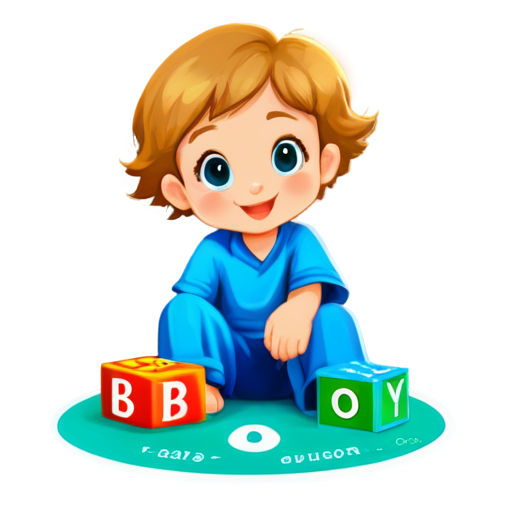 Create a cartoon image, in the style of a children's book illustration, in which a child in a blue jumpsuit is sitting reaching for folded cubes on which the letters " B, O, Y, S" are painted. The child should be depicted from behind, showing a playful and innocent look. - icon | sticker