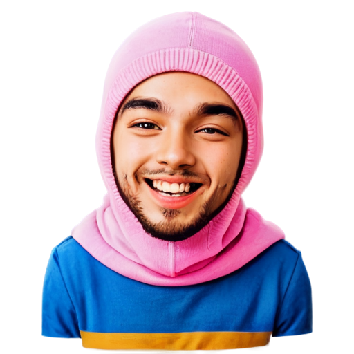 head in a pink balaclava, male type, blue eyes and lips visible, laughing - icon | sticker