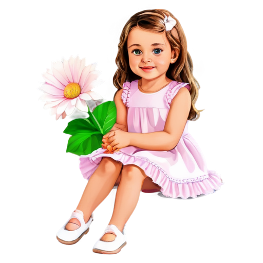 a cute girl in a cartoon style is sitting, holding a large flower in her hands, the girl has a pink dress, white breeches, big green eyes - icon | sticker
