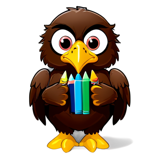 Cute Little Eagle Cartoon mascot holding crayons - icon | sticker