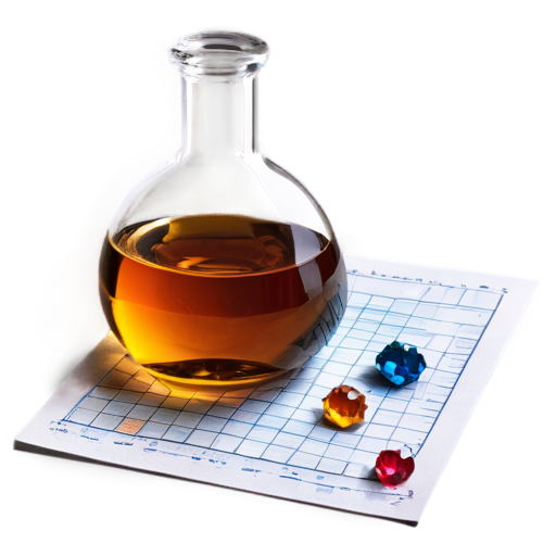 a sheet with a graph drawn on it, next to a flask of liquid and a scattering of gems. - icon | sticker