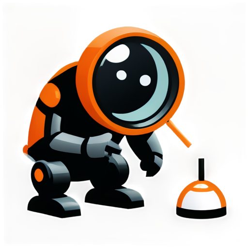 A simple robot, painted in orange and black, front and upper body, wearing a magnifying glass, squatting on the ground and marking its position with a red pen. - icon | sticker