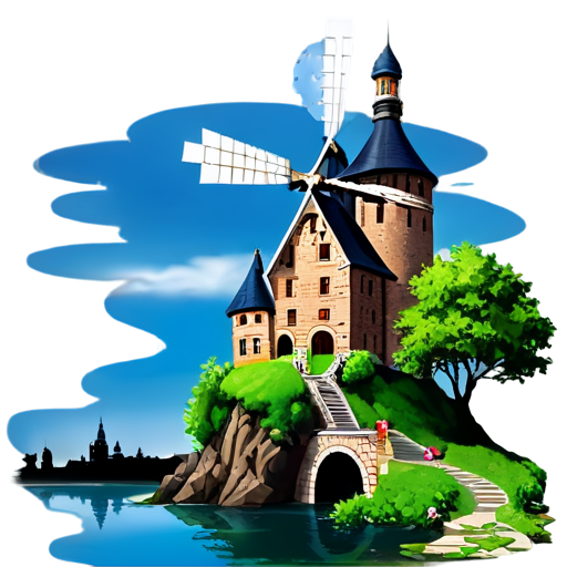 building,castle,chimney,City,clock,cloud,fantasy,flower,outdoors,scenery,sky,stairs,tower,tree,watercraft,windmill - icon | sticker