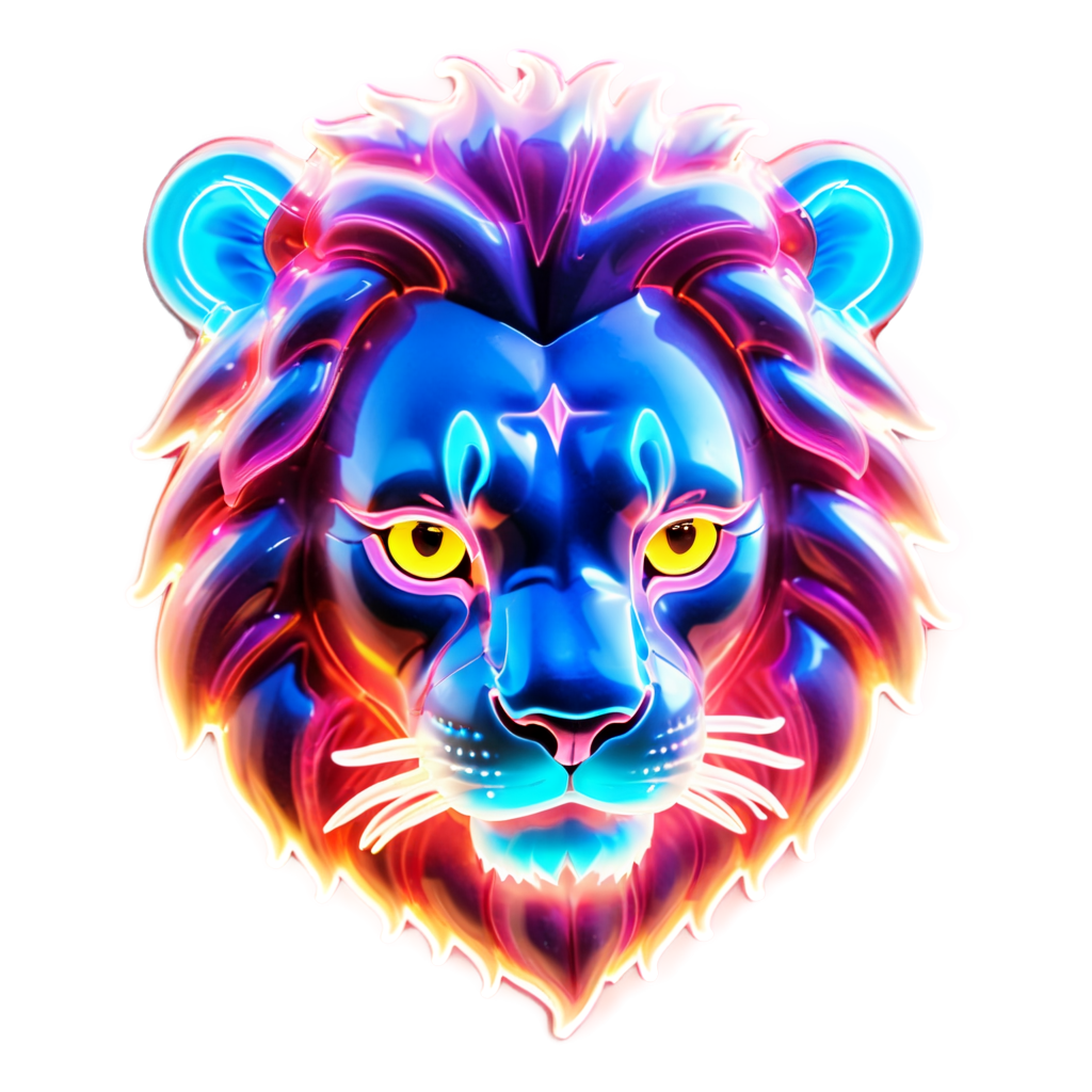 a close-up view of a lion's face outlined in vibrant neon lights against a dark night sky, the neon colors reflecting softly on the lion's fur, - icon | sticker