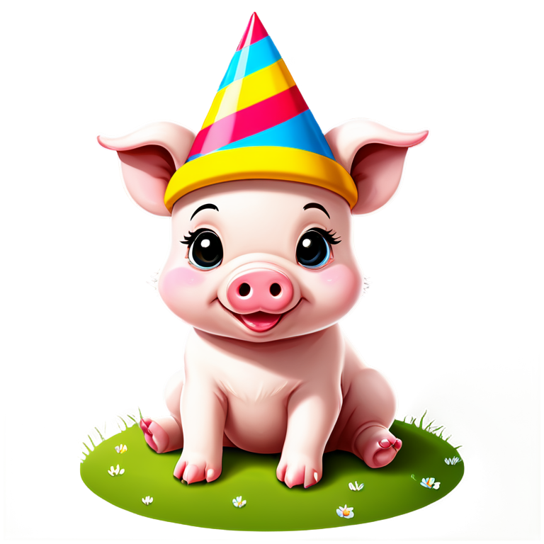 a baby pig who wears a colorful pointed hat and sits on a hill - icon | sticker