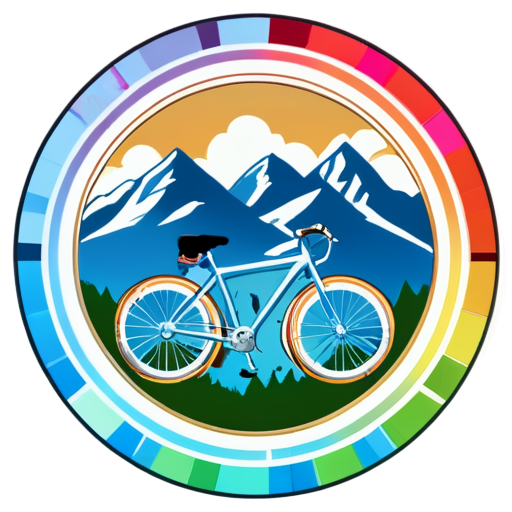 round bicycle wheel, not many colors, graphic style, like a picture, wheel for a bicycle with mountains on a background, background with a mountain, logo, logo style, logo for a channel - icon | sticker