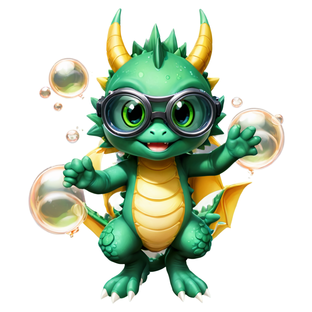 ixar style, MG_ip, dragon, goggles, green eyes, bubble, open mouth, underwater, fangs, looking at viewer, solo, goggles on head, no humans, blush, air bubble, full body, animal, furry - icon | sticker