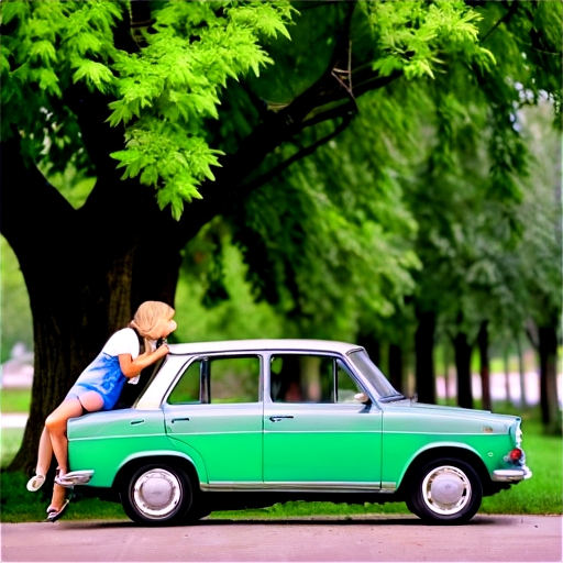 A boy with his girlfriend kissing the under green trees near the blue vaz 21 01 - icon | sticker